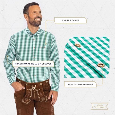 قمصان BAVARIA TRACHTEN German Oktoberfest للرجال - قميص Lederhosen الألماني الأصيل للرجال - القميص البافاري الأصلي لزي Lederhosen - أحمر مربعات - كلاسيكي - مقاس L in Kuwait
