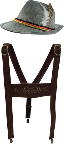 Lederhosen Suspenders German Oktoberfest Alpine Fedora Hat Adult Costume Set in Saudi Arabia