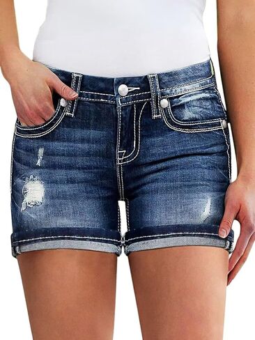 Flamingals Women's Ripped Stretchy Jean Shorts Mid Rise Skinny Denim Shorts Distressed Frayed Raw Hem Casual Summer Shorts in Saudi Arabia