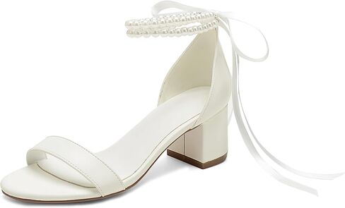 Women's Block Heels Pearl Chunky Sandals,Low Heel Satin Open Toe Wedding Dress Pump Shoes in Saudi Arabia