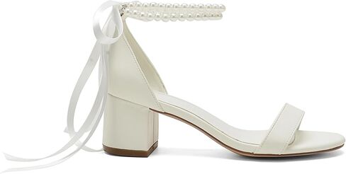 Women's Block Heels Pearl Chunky Sandals,Low Heel Satin Open Toe Wedding Dress Pump Shoes in Saudi Arabia