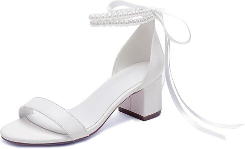 Women's Block Heels Pearl Chunky Sandals,Low Heel Satin Open Toe Wedding Dress Pump Shoes in Saudi Arabia