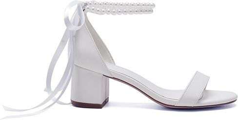 Women's Block Heels Pearl Chunky Sandals,Low Heel Satin Open Toe Wedding Dress Pump Shoes in Saudi Arabia