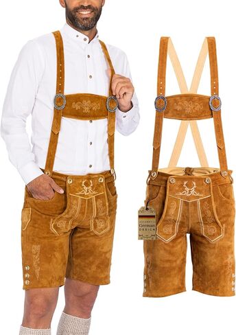 Lederhosen للرجال - جلد طبيعي أصلي من Lederhosen الألماني للرجال، زي مهرجان أكتوبر - قصير بني فاتح in Kuwait
