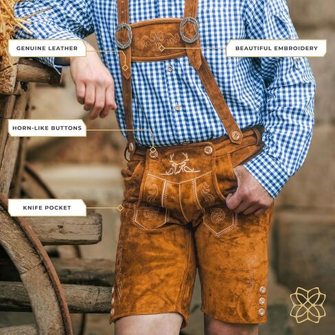 Lederhosen للرجال - جلد طبيعي أصلي من Lederhosen الألماني للرجال، زي مهرجان أكتوبر - قصير بني فاتح in Kuwait
