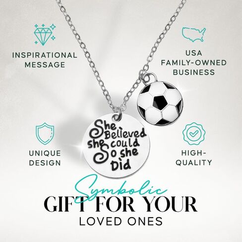 Sportybella - Soccer Necklace, Silver Soccer Jewelry - Girls She Believed She Could So She Did Pendent - Soccer Player Gifts in Saudi Arabia