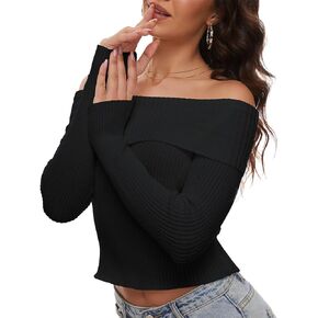 Women's Strapless Off Shoulder Knit Crop Tops Slim Fit Sexy Chic Knitted Sweater Y2k Long Sleeve T-shirts