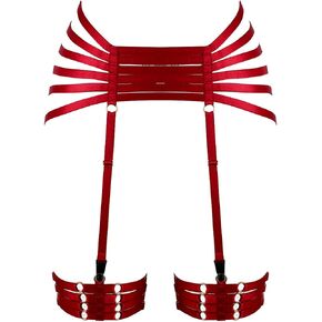 Women‘s Punk Harness Garter Belt Leg Waist Elastic Strappy Hollow Out Thigh Stockings Suspender Gothic Plus Size (Wine Red)