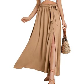 LYANER Women's Casual Tie Waist Button Front Split Skirts High Waist Swing Flowy Maxi Skirt
