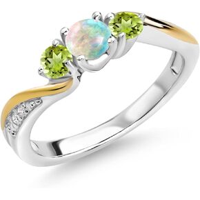 925 Silver and 10K Yellow Gold White Simulated Opal Green Peridot and White Lab Grown Diamond 3 Stone Engagement Ring For Women (0.52 Cttw, October Birthstone, Available In Size 5, 6, 7, 8, 9)