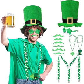 مجموعة إكسسوارات يوم القديس باتريك من كوسريا للكبار، حمالات مرنة للقبعة الأيرلندية، نظارات شامروك، قلائد لحية in Kuwait