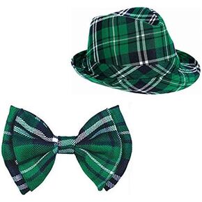 St Patricks Day Hat and Bow Tie Set,Green Costume Accessories Fedora Hat Jazz Hats Green Tie for Women Men Kids Irish Outfit in Kuwait