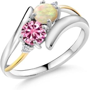 Gem Stone King 925 Silver and 10K Yellow Gold Ring Round/Cabochon White Ethiopian Opal and Pink Moissanite (0.82 Cttw)