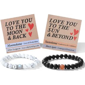 Unique Gifts for Him/Her-2 Pcs Crystal Matching Bracelets-Moonstone Sunstone-Comes in Gift Box with 2 Cards
