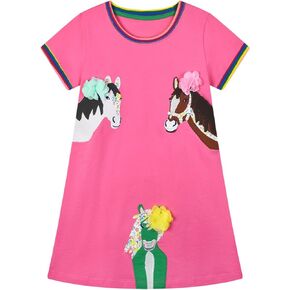 HILEELANG Toddler Girl Short Sleeve Dress Cotton Casual Easter Bunny Applique Tunic Playwear Jersey Clothing