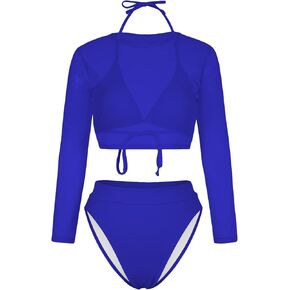 Kisscynest Women's 3 Pieces Swimsuit with Long Sleeve Mesh Shirt Coverup