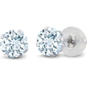 Gem Stone King 10K White Gold Sky Blue Aquamarine 4-Prong Stud Earrings For Women (0.90 Cttw, Gemstone Birthstone, Round 5MM)