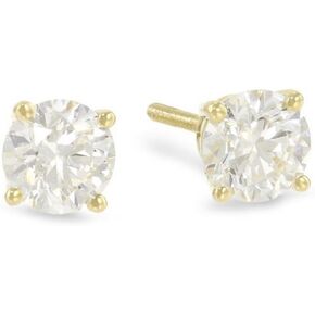 1 Carat Solitaire Diamond Stud Earrings 18K Yellow Gold Round Brilliant Shape 4 Prong Screw Back (J-K Color, I2 Clarity)