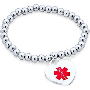 Personalize Customizable Medical ID Stretch Bracelet Heart Shape Charm Tag For Women Teen Stainless