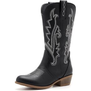 Kids Western Boots Embroidered Cowgirl Cowboy Boots Boys Girls Mid Calf Round Toe Riding Shoes Little Kid/Big Kid