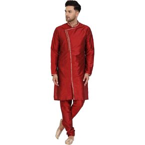SKAVIJ Men's Art Silk Kurta Pajama Indian Wedding Party Festive Season Ethnic Suit Dress Set