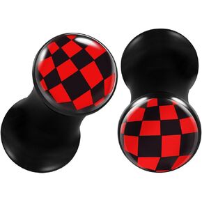 Pair of Black Acrylic Red Checkerboard Double Flared Piercing Jewelry Ear Stretcher Plugs Flesh Earring Lobe