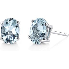 Peora 14K White Gold Aquamarine Earrings for Women, Genuine Gemstone Birthstone Classic Solitaire Studs, 7x5mm Oval Shape, 1.25 Carats total, Friction Back