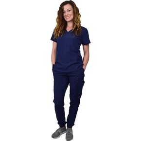 Green Town Scrubs for Women Scrub Set - Jogger Pant and V-Neck Top, 6 Pockets, Easy Care Uniforms-Navy/Indigo-X-Large Tall