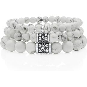 VY JEWELRY Howlite Bracelet 6/8/10MM Dia White Stones with 925 Sterling Silver Beads for Men and Women