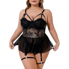 COZYEASE Women's Plus Size Teddy Lingerie Set Babydoll Sheer Lace Nightgown Mesh Chemise Sleepwear