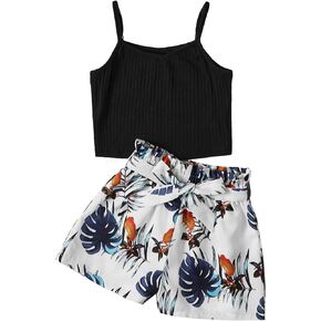 OYOANGLE Girl's 2 Piece Outfits Boho Rib Knit Cami Crop Top and Plants Printed Belted Shorts Set