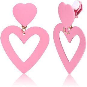 FIBO STEEL Clip on Pink Heart Earrings for Women Dangle Drop Earrings Dangling Double Heart Love Non Pierced Pink Jewlery Valentine's Day Gift