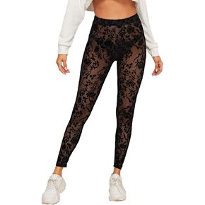 SweatyRocks Women's Floral Sheer Mesh Leggings Stretchy High Waist Pants