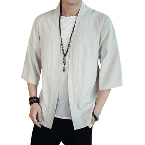 Men's Vintage Kimono Cardigan Cotton Linen Wrap Front Japanese Jinbei Haori Jacket Loose Fit Solid Color Hanfu Top Cover Up