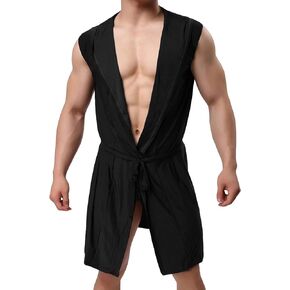 Lu's Chic Men's Silk Kimono Robe Hooded Bathrobe Sleeveless Lightweight Sleepwear Pajamas