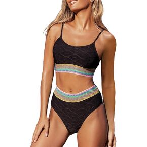 CUPSHE Women's Bikini Sets Two Piece Swimsuit High Waisted Scoop Neck Adjustable Straps Colorful Stitching