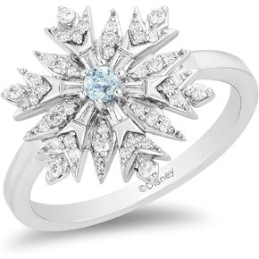 Jewelili Enchanted Disney Fine Jewelry Sterling Silver with 1/4cttw Diamonds and Sky Blue Topaz Elsa Snowflake Ring.