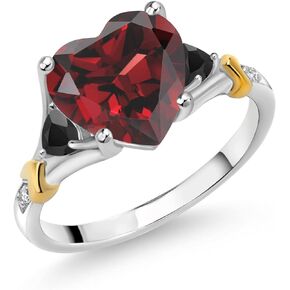 Gem Stone King 925 Silver and 10K Yellow Gold Red Garnet Black Onyx and White Diamond Ring For Women (4.26 Cttw, Heart Shape 10MM, Available in Size 5,6,7,8,9)