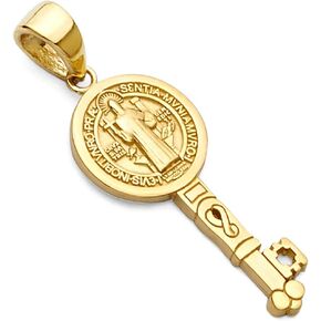 The World Jewelry Center 14k REAL Yellow Gold Saint Benito Double Side Key Charm Pendant (Size : 25 x 8 mm)