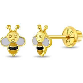 14k Yellow Gold Tiny Yellow Enamel Honey Bee Screw Back Earrings for Toddler Girls - Petite Enamel Gold Earrings for Sweet Little Girls - Bee Shaped Jewelry for Girls Birthday Gifts