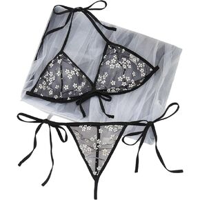 WDIRARA Women's Plus Size Floral Print Mesh Tie Side Halter Lingerie Set Bralettes and Panty Set