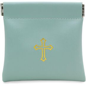 Squeeze Top Rosary Pouch Black Faux Leather with Cross Imprint