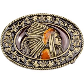 Native American Indian Chief Belt Buckle, Indian Warrior Chief Head Tribal Filigree Western Cowboy Oval Belt Buckle