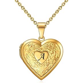 KunBead Women's Gold Heart Photo Locket Necklace with Picture inside Initial A Letter Alphabet Love Jewelry Memory Pendant Necklace