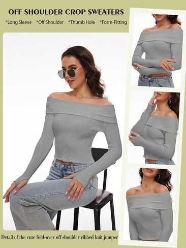 المرأة بلا حمالات قبالة الكتف متماسكة المحاصيل القمم سليم صالح مثير شيك محبوك سترة Y2k كم طويل تي شيرت in Kuwait