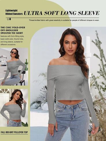 المرأة بلا حمالات قبالة الكتف متماسكة المحاصيل القمم سليم صالح مثير شيك محبوك سترة Y2k كم طويل تي شيرت in Kuwait