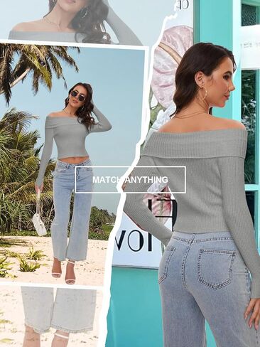 المرأة بلا حمالات قبالة الكتف متماسكة المحاصيل القمم سليم صالح مثير شيك محبوك سترة Y2k كم طويل تي شيرت in Kuwait