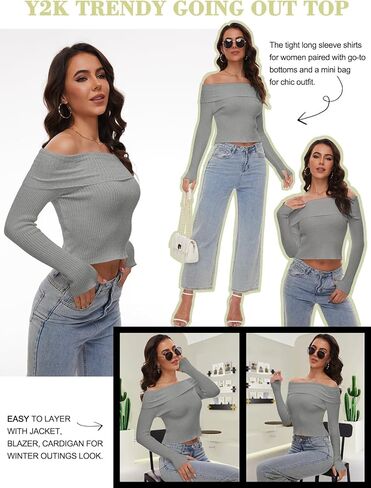 المرأة بلا حمالات قبالة الكتف متماسكة المحاصيل القمم سليم صالح مثير شيك محبوك سترة Y2k كم طويل تي شيرت in Kuwait