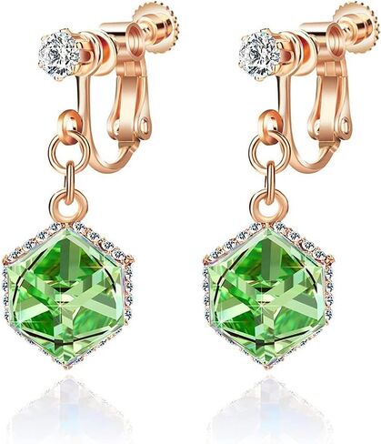 Cube Austrian Crystal Drop Clip On Dangle Earrings for Women Non Pierced 14K Rose Gold Plated Hypoallergenic Jewelry in Kuwait