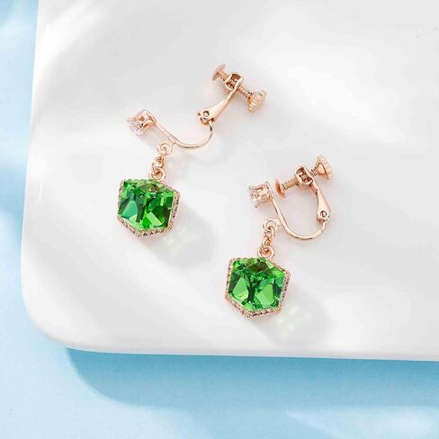 Cube Austrian Crystal Drop Clip On Dangle Earrings for Women Non Pierced 14K Rose Gold Plated Hypoallergenic Jewelry in Kuwait
